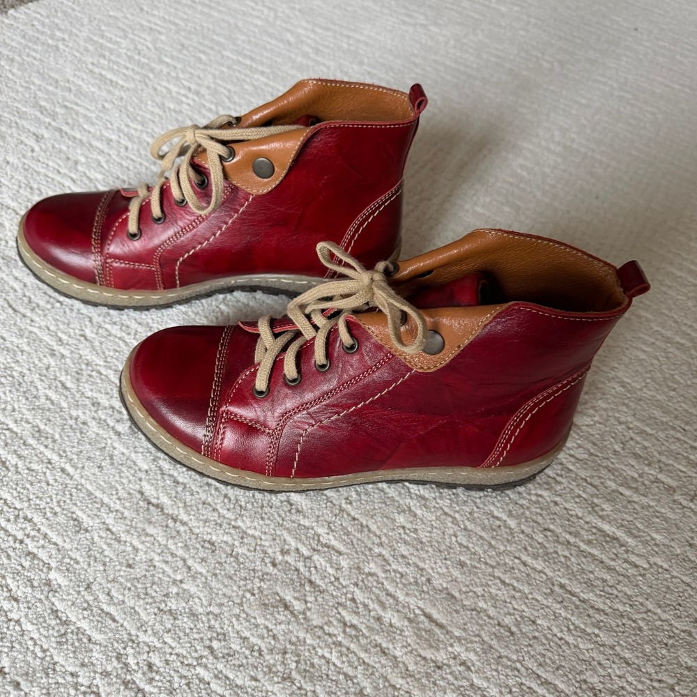 V Italia Red Leather Lace Up Ankle Boots Tan Trim Stitching Womens 38 US 7.5 - Picture 5 of 9